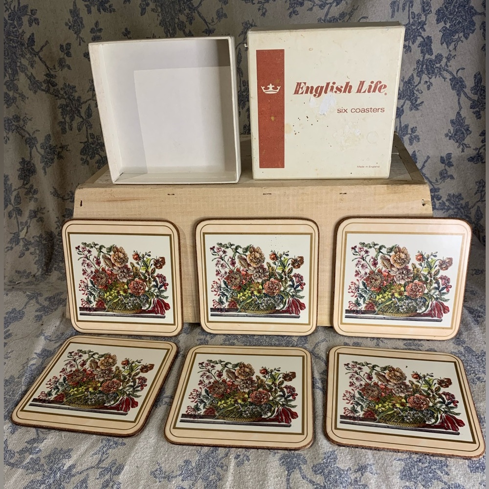 VTG Set of 6 English Life Cork Floral Coasters Made in England in Box